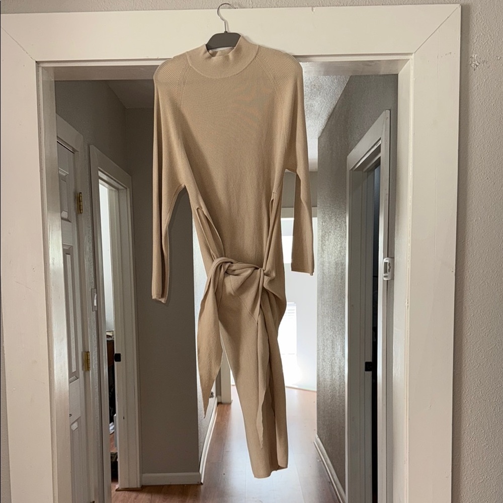 Cream Long Sleeve Mock Neck Sheath Dress